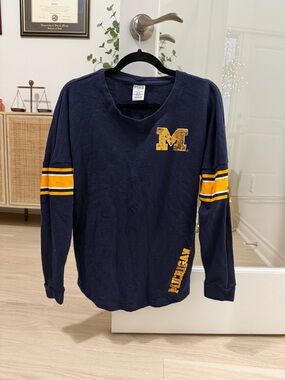 PINK University of Michigan Navy Long Sleeve Tee with sequin accents